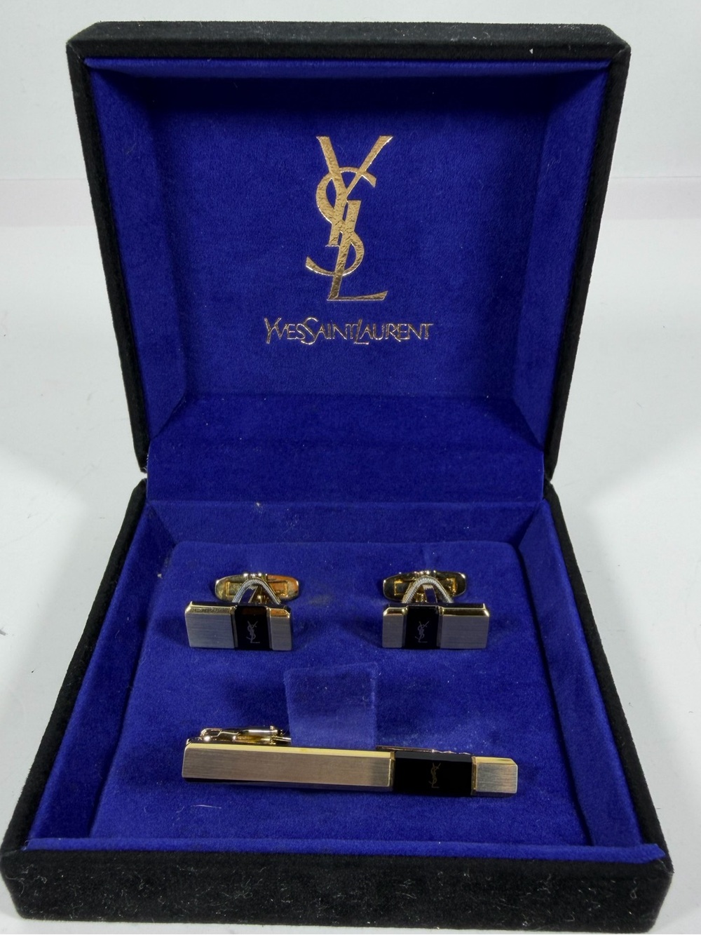 9027: Vintage Yves Saint Laurent YSL cufflinks & tie bar set with box